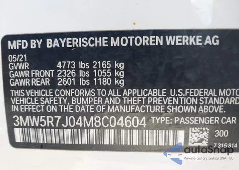 2021 BMW 330I xDrive из США, поврежденный, VIN 3MW5R7J04M8C04604